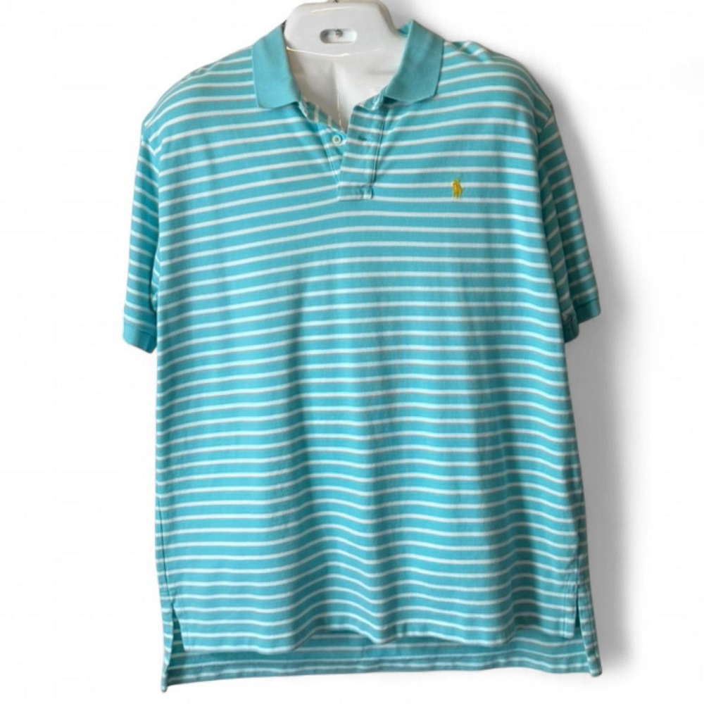 Polo Ralph‎ Lauren Aqua Blue Striped Pony Logo Poly Shirt, Men's Size XXL
